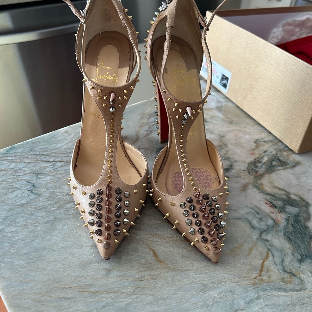 Christian Louboutin Tan and Gold T-Strap Heels